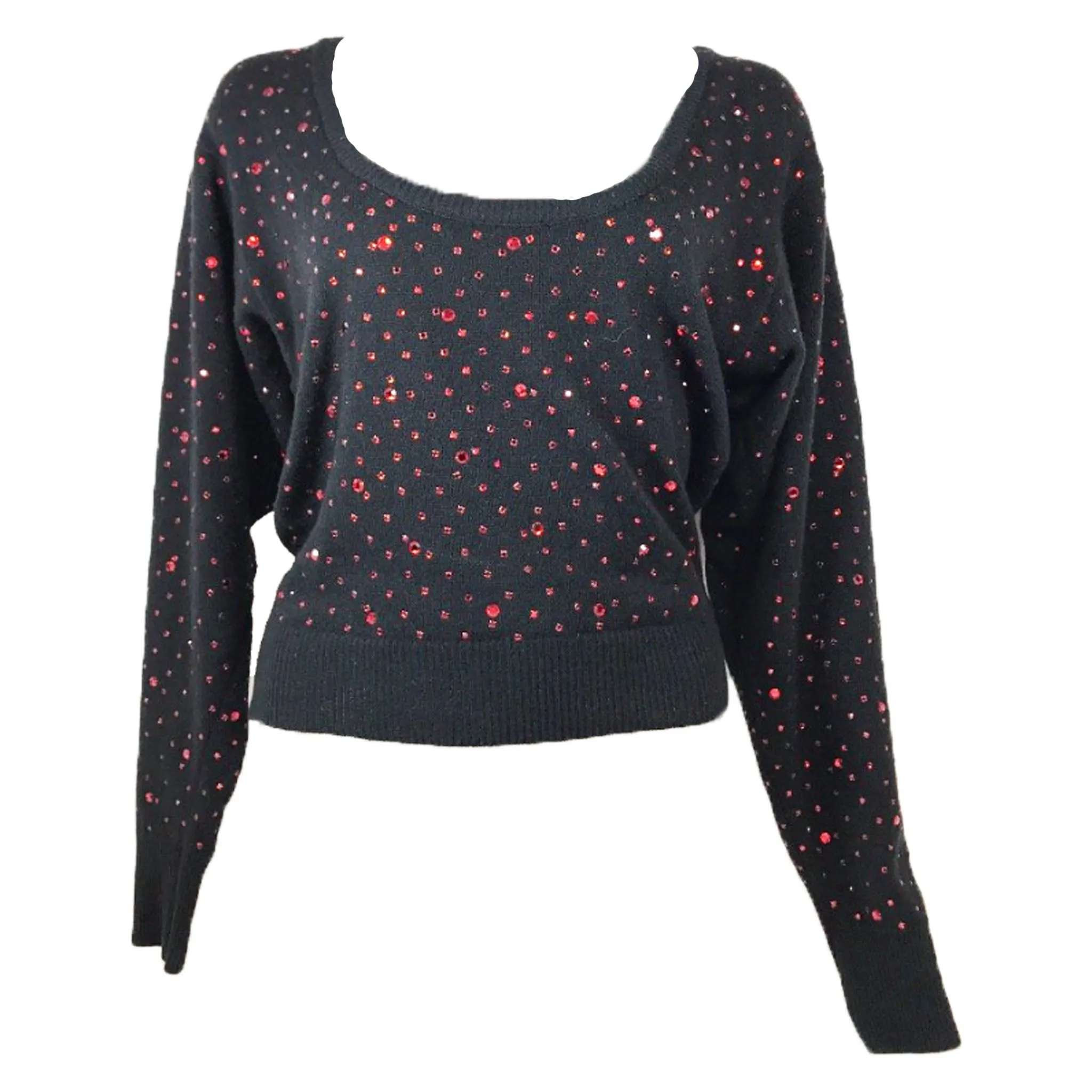 NEIMAN MARCUS Black Long Sleeve Knit Sweater w/ Red Rhinestones