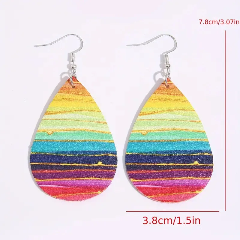 NEW Colorful Wave Pattern Retro Teardrop Dangle Earrings PU Leather Daily Wear Accessories Female Gift