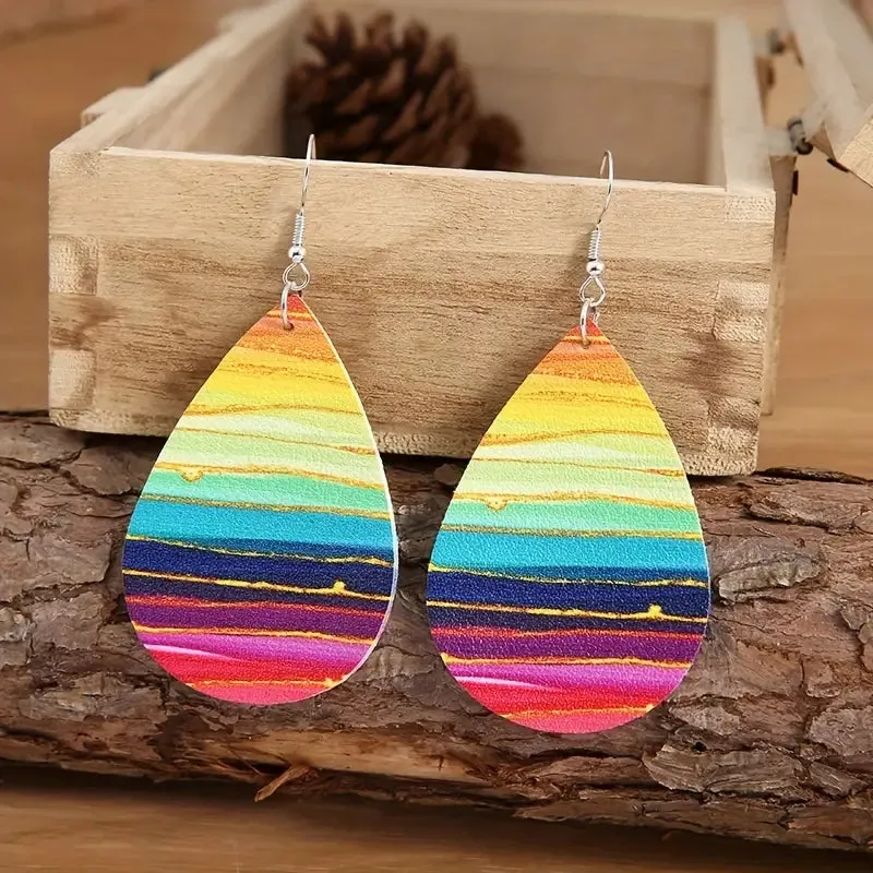 NEW Colorful Wave Pattern Retro Teardrop Dangle Earrings PU Leather Daily Wear Accessories Female Gift