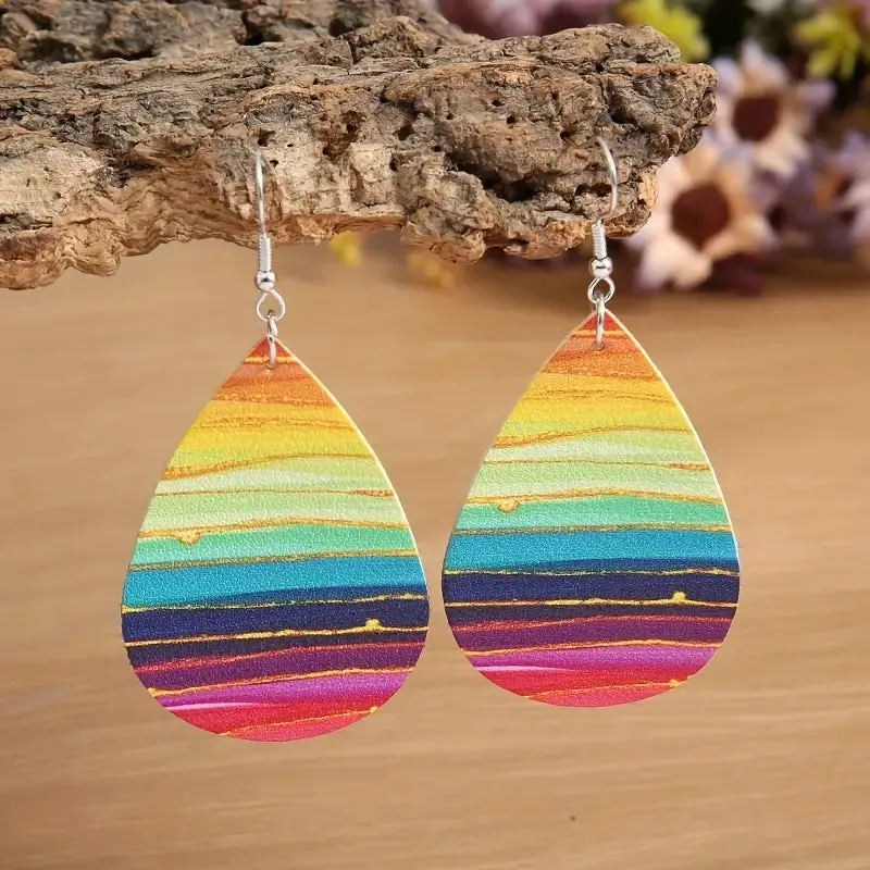 NEW Colorful Wave Pattern Retro Teardrop Dangle Earrings PU Leather Daily Wear Accessories Female Gift