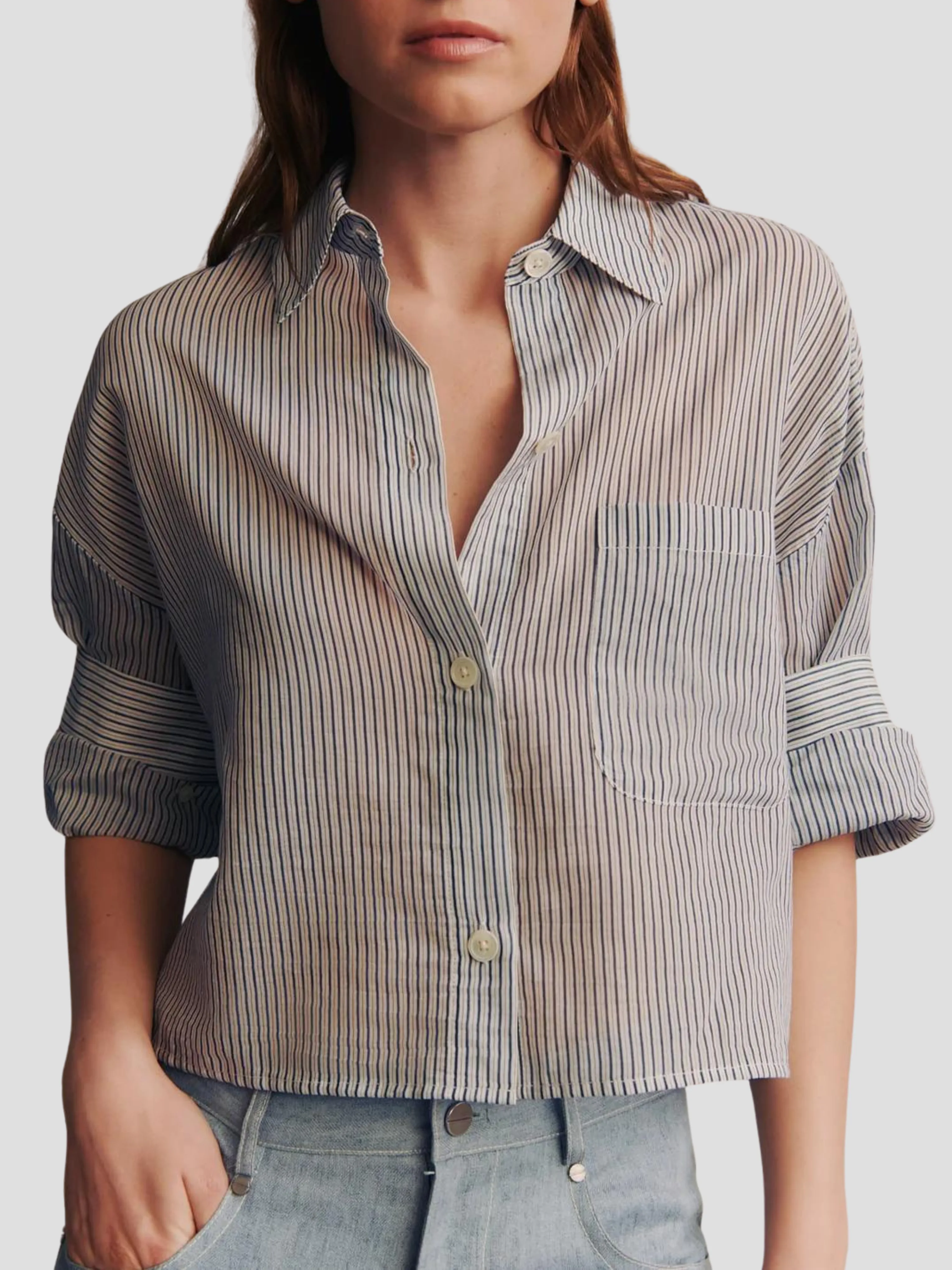 Next Ex Silk Cotton Cropped Shirt in Navy Stripe