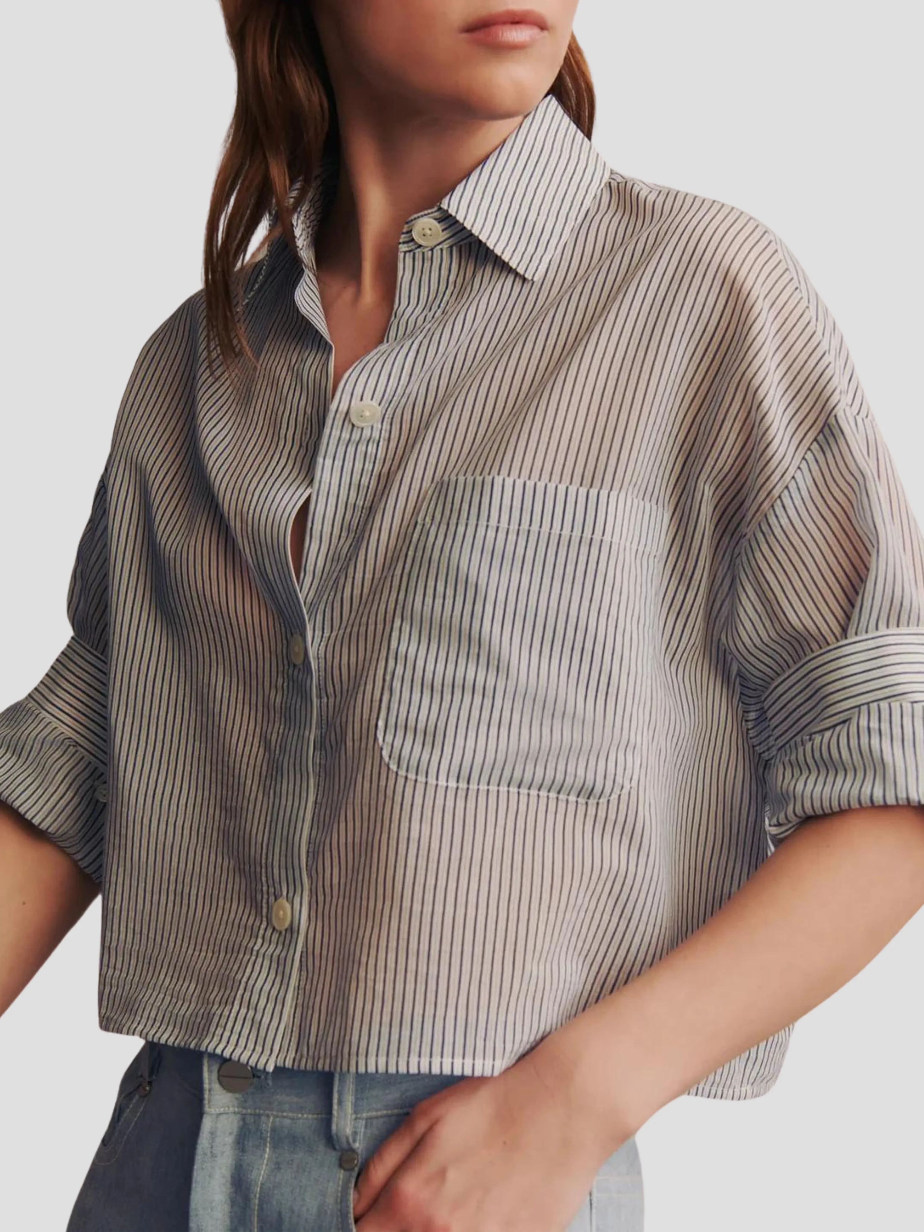 Next Ex Silk Cotton Cropped Shirt in Navy Stripe