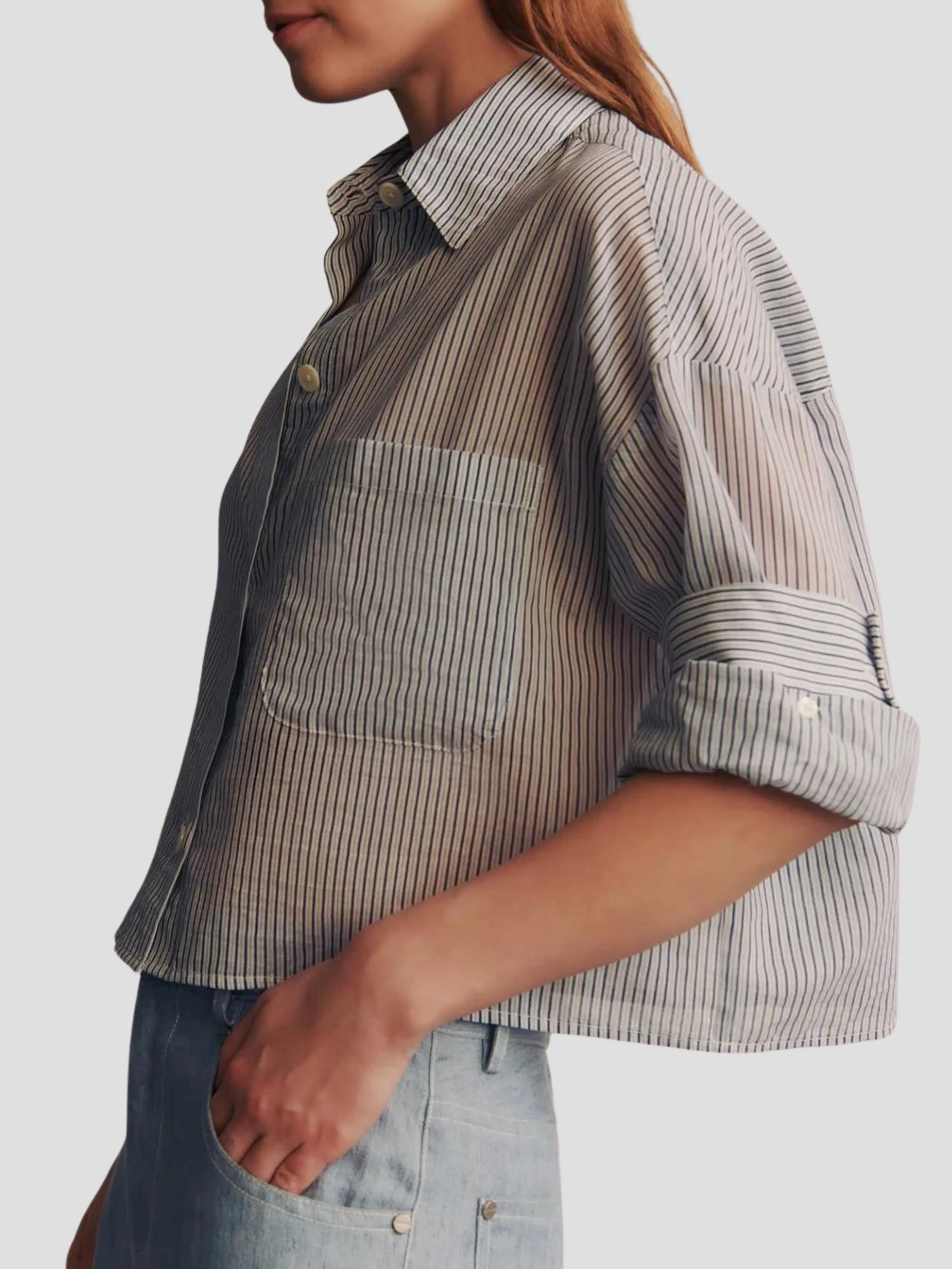 Next Ex Silk Cotton Cropped Shirt in Navy Stripe
