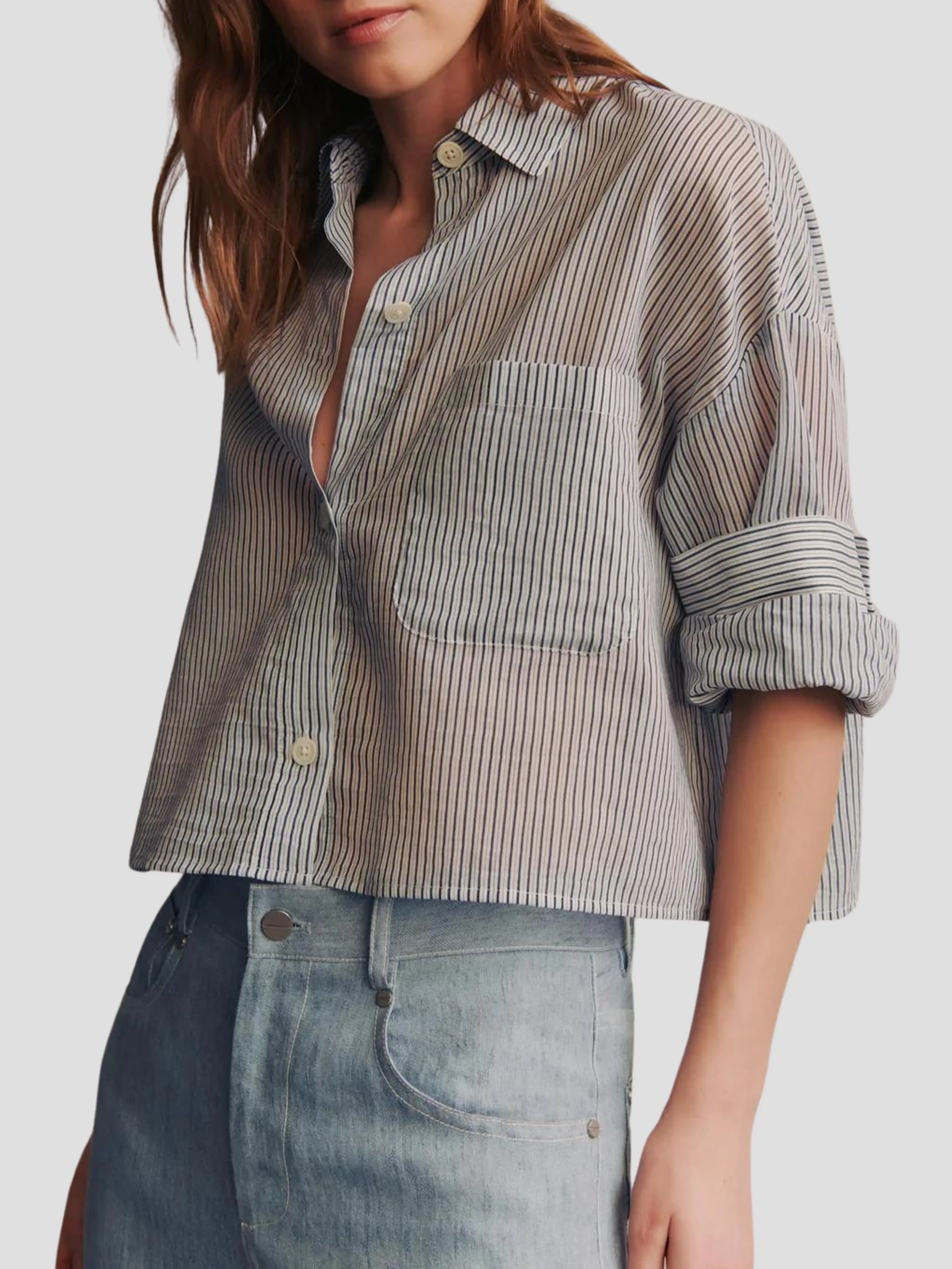 Next Ex Silk Cotton Cropped Shirt in Navy Stripe