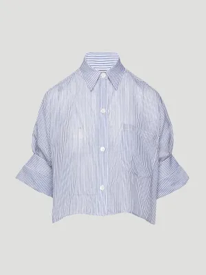 Next Ex Silk Cotton Cropped Shirt in Navy Stripe