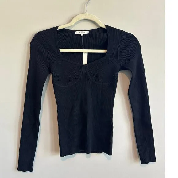 NWT Madewell Wide Ribbed Long Sleeve Corset Sweater In Black Size XS