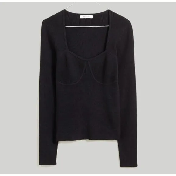 NWT Madewell Wide Ribbed Long Sleeve Corset Sweater In Black Size XS