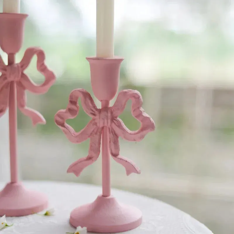 Pink Bow Knot Iron Candlestick Holder