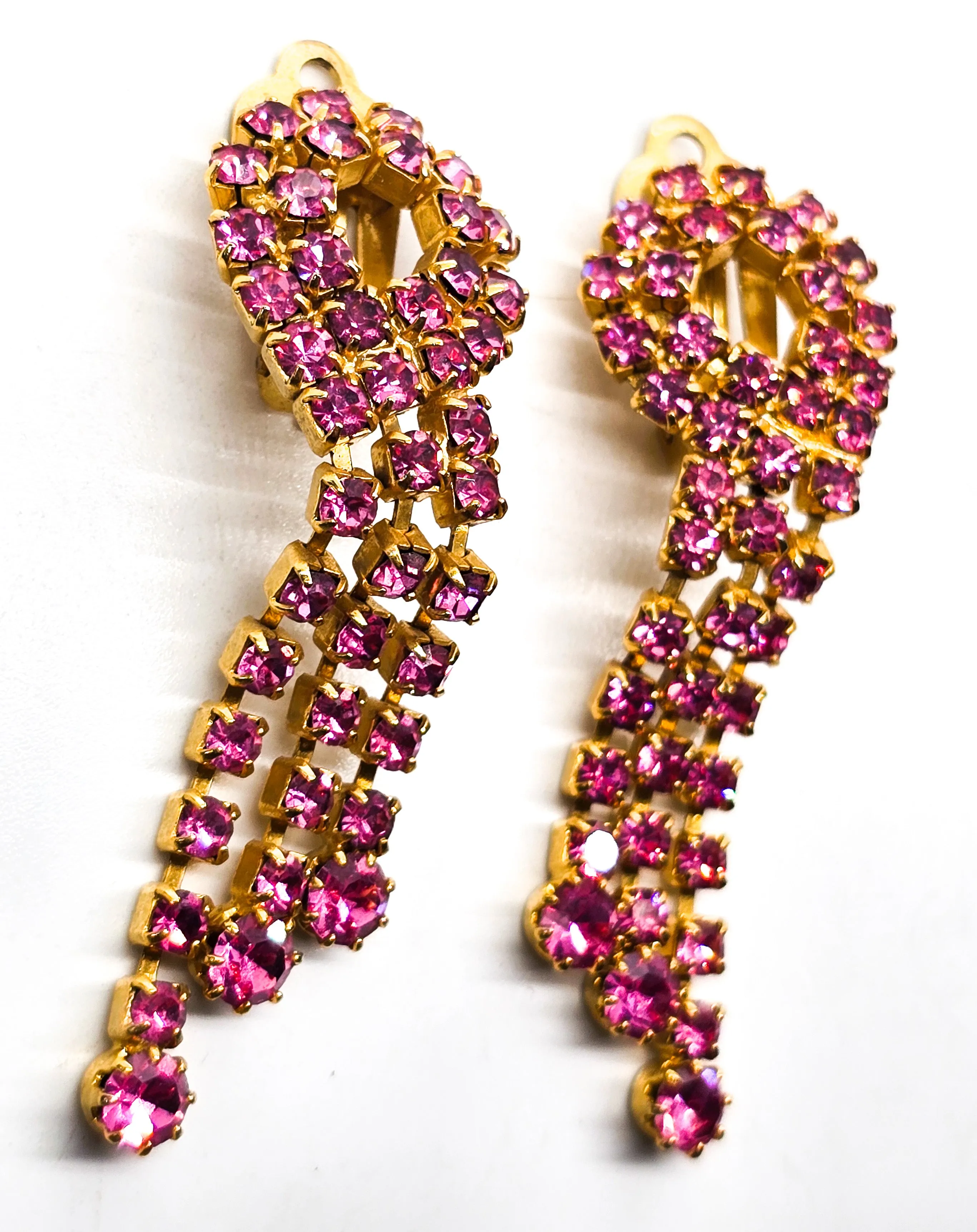 Pink Waterfall Retro gold plated vintage 1970's clip on earrings over 2" long