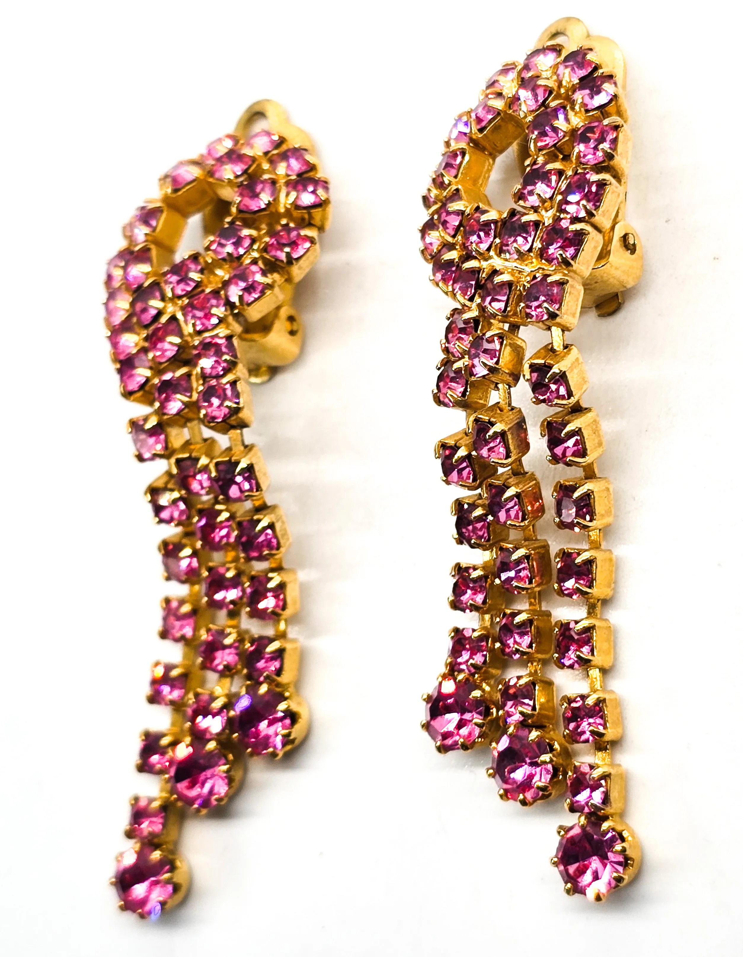 Pink Waterfall Retro gold plated vintage 1970's clip on earrings over 2" long