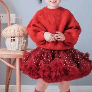 Premium Super Fluffy Stars Girls Tutu Skirt - Dark Red