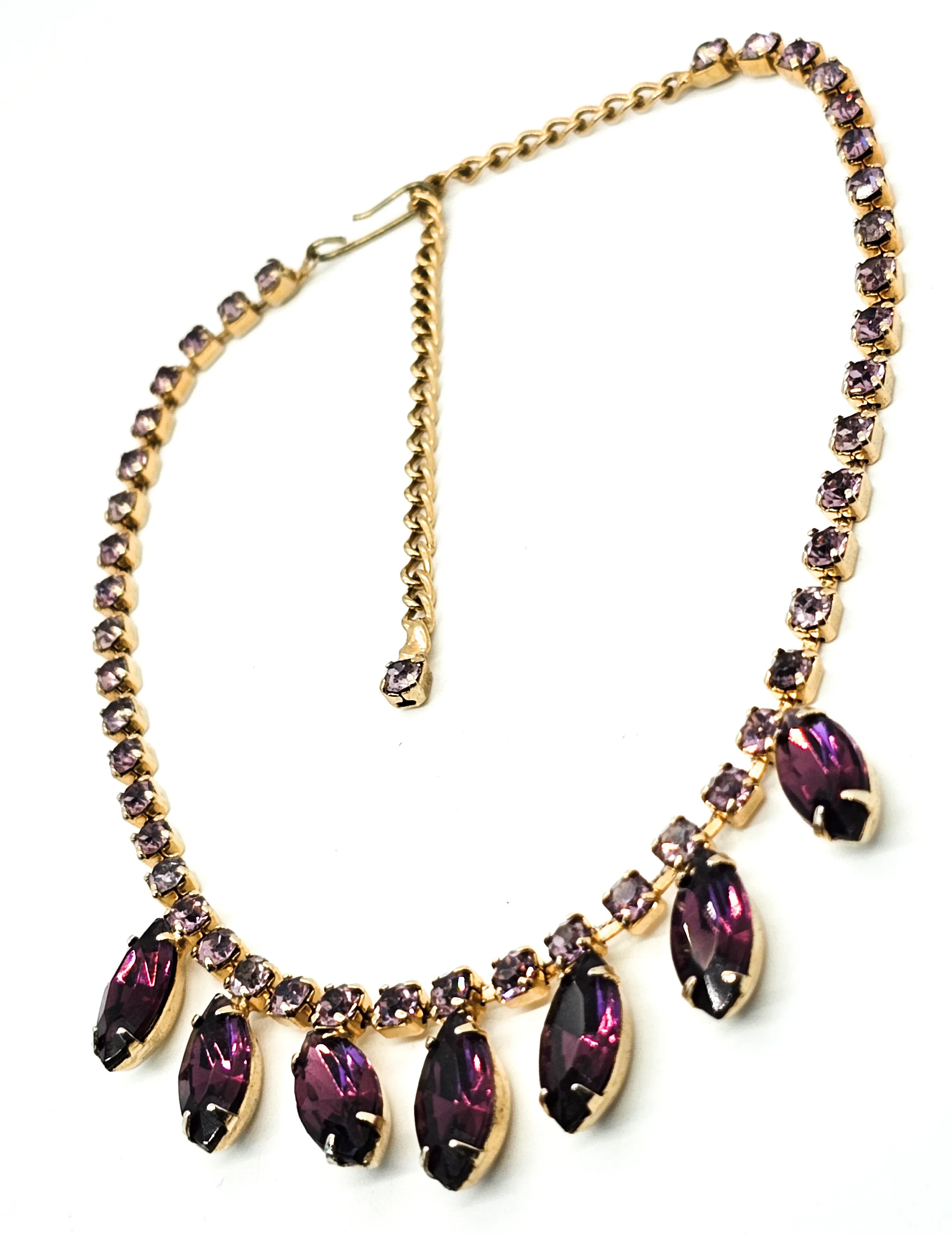 Purple and gold vintage marquis retro mid century rhinestone necklace
