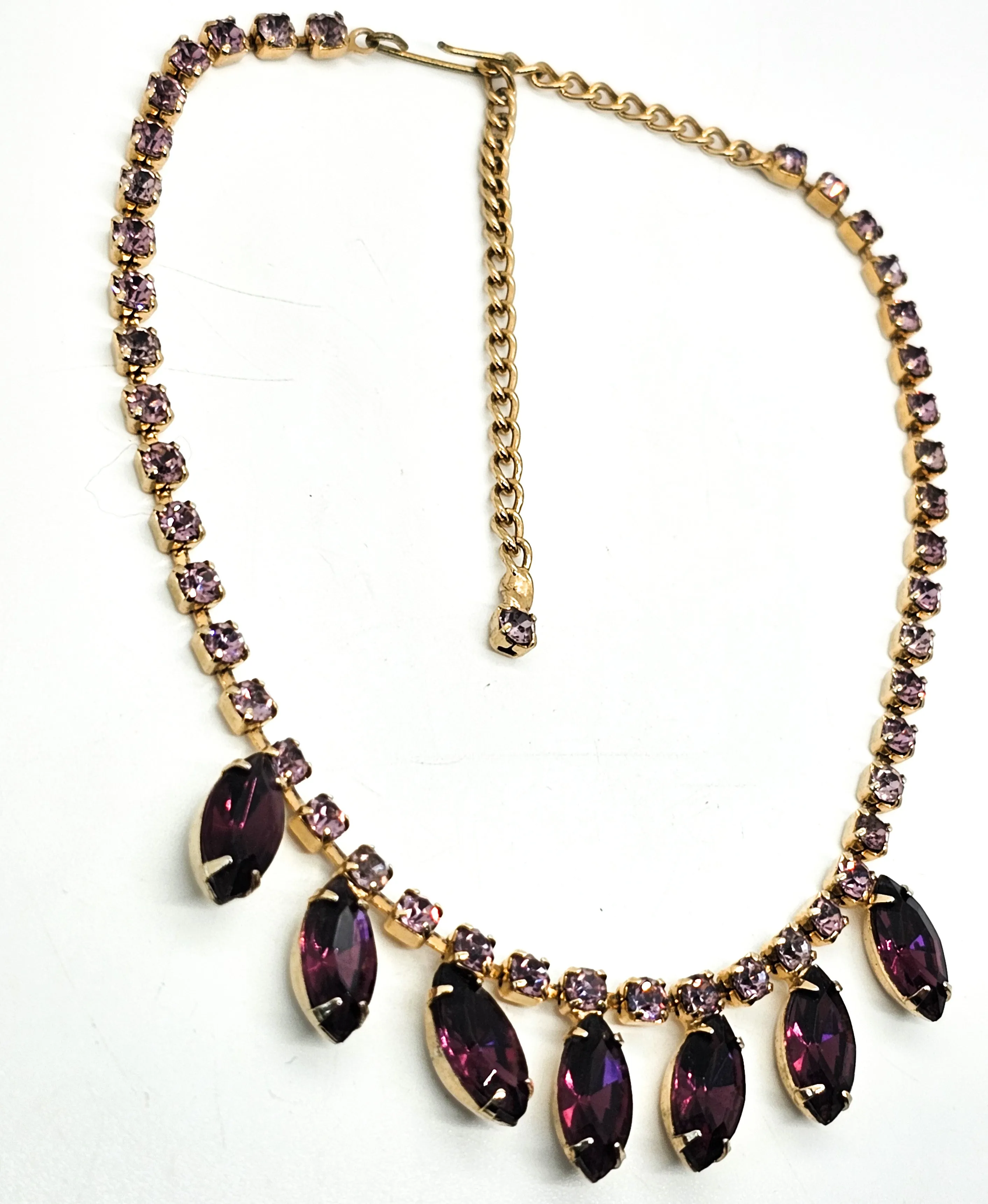 Purple and gold vintage marquis retro mid century rhinestone necklace