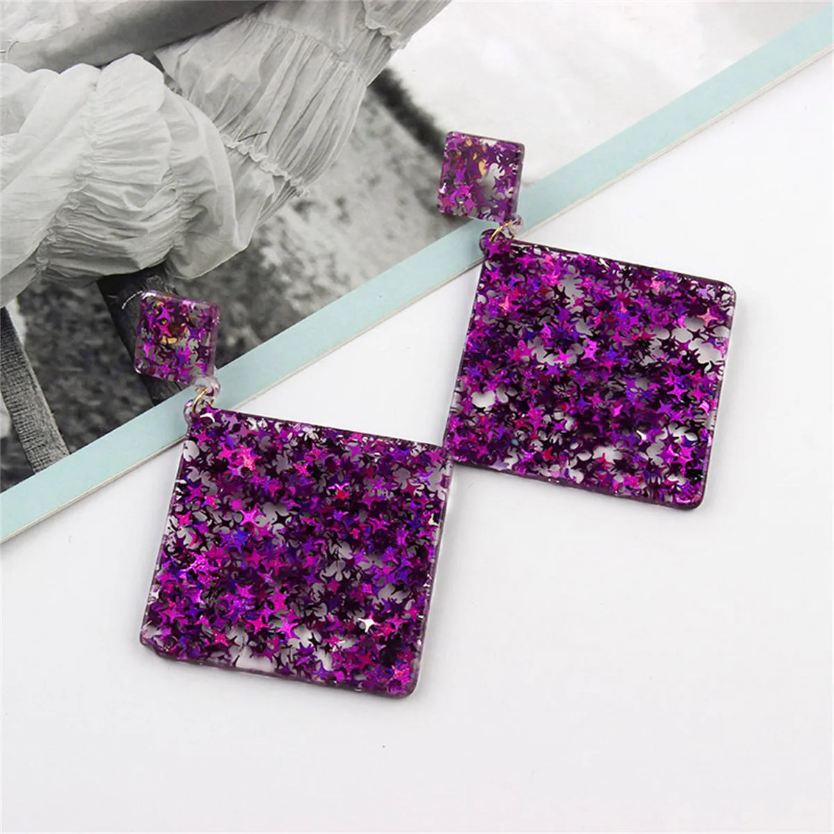 Purple Resin & 18K Gold-Plated Star Rhombus Earrings