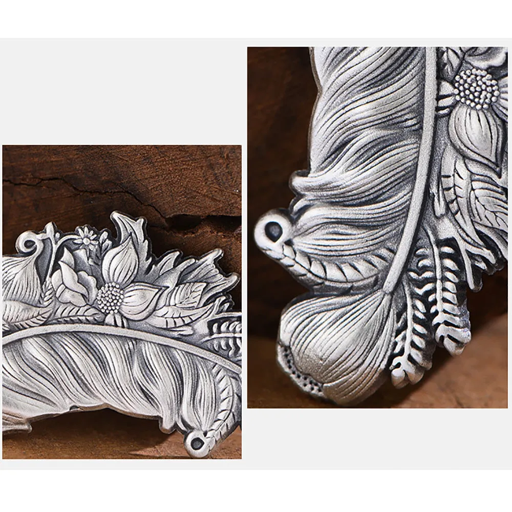 Real Solid 999 Fine Silver Pendants Flowers Plants Leaf Feather Retro Fashion Punk Jewelry