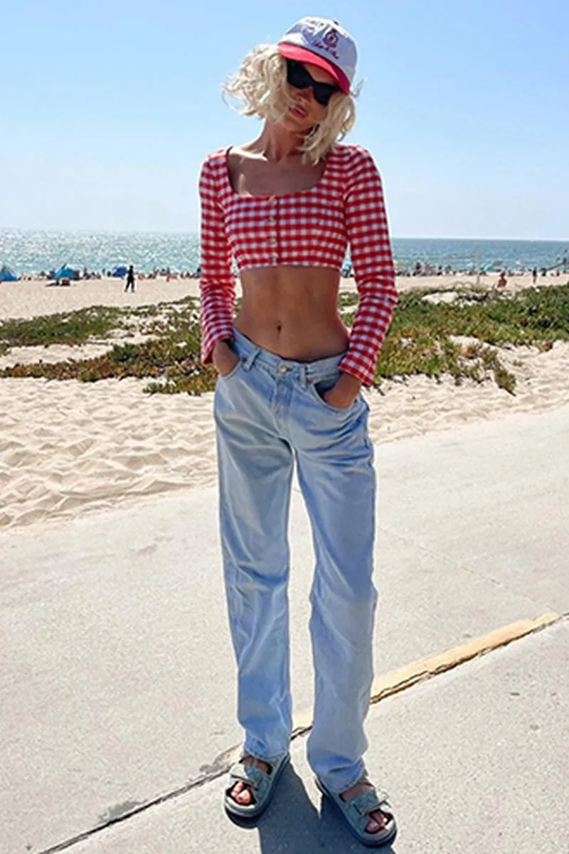 Red Check Square-Neck Crop Blouse