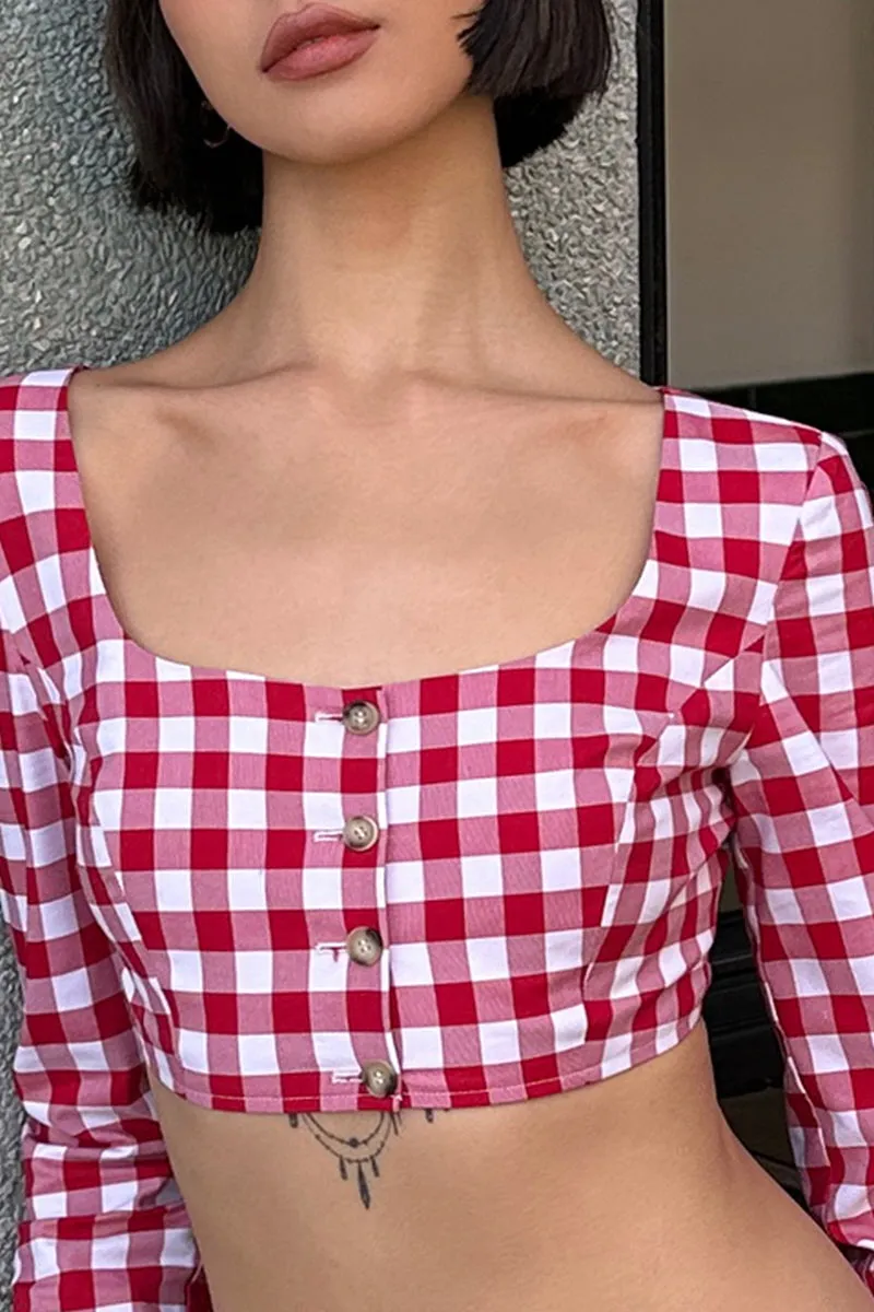 Red Check Square-Neck Crop Blouse