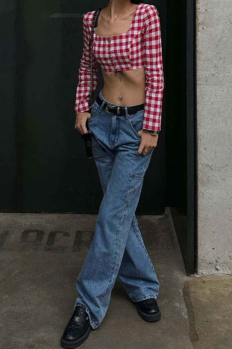 Red Check Square-Neck Crop Blouse