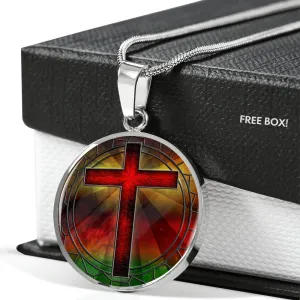 Red Cross Stained Glass Design Pendent Necklace