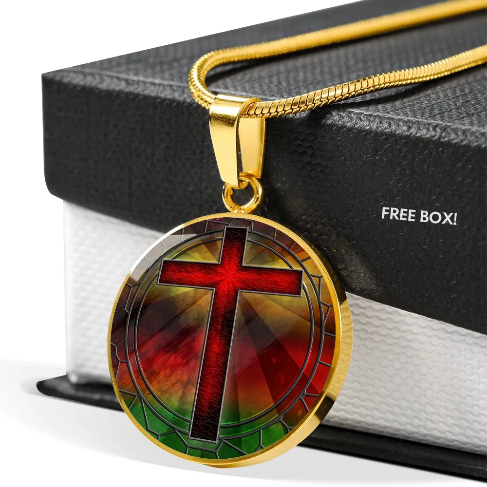 Red Cross Stained Glass Design Pendent Necklace