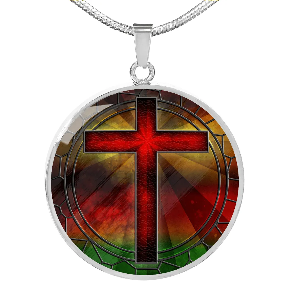 Red Cross Stained Glass Design Pendent Necklace