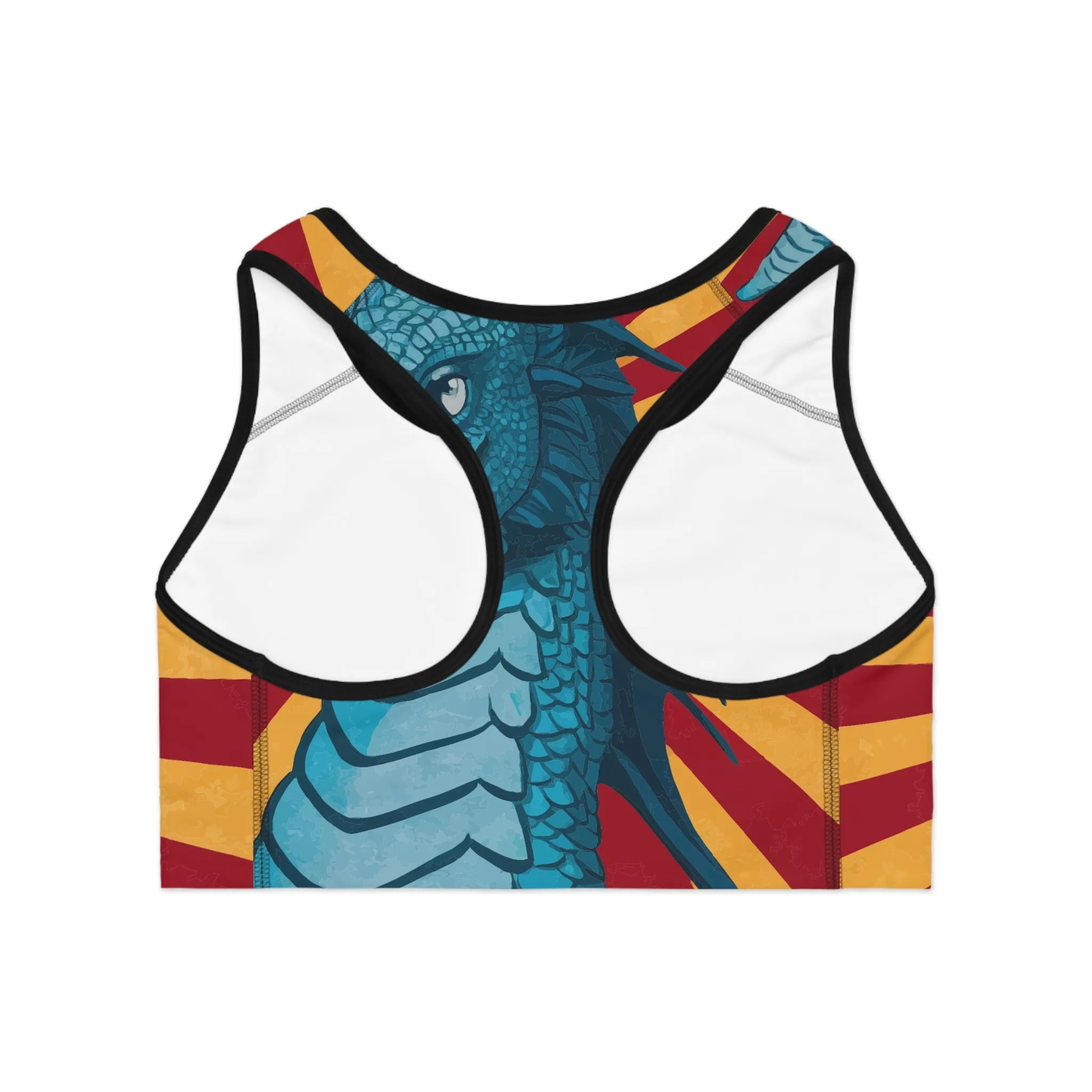 Red Yellow Striped Dragon-Themed Sports Bra for Active Lifestyle