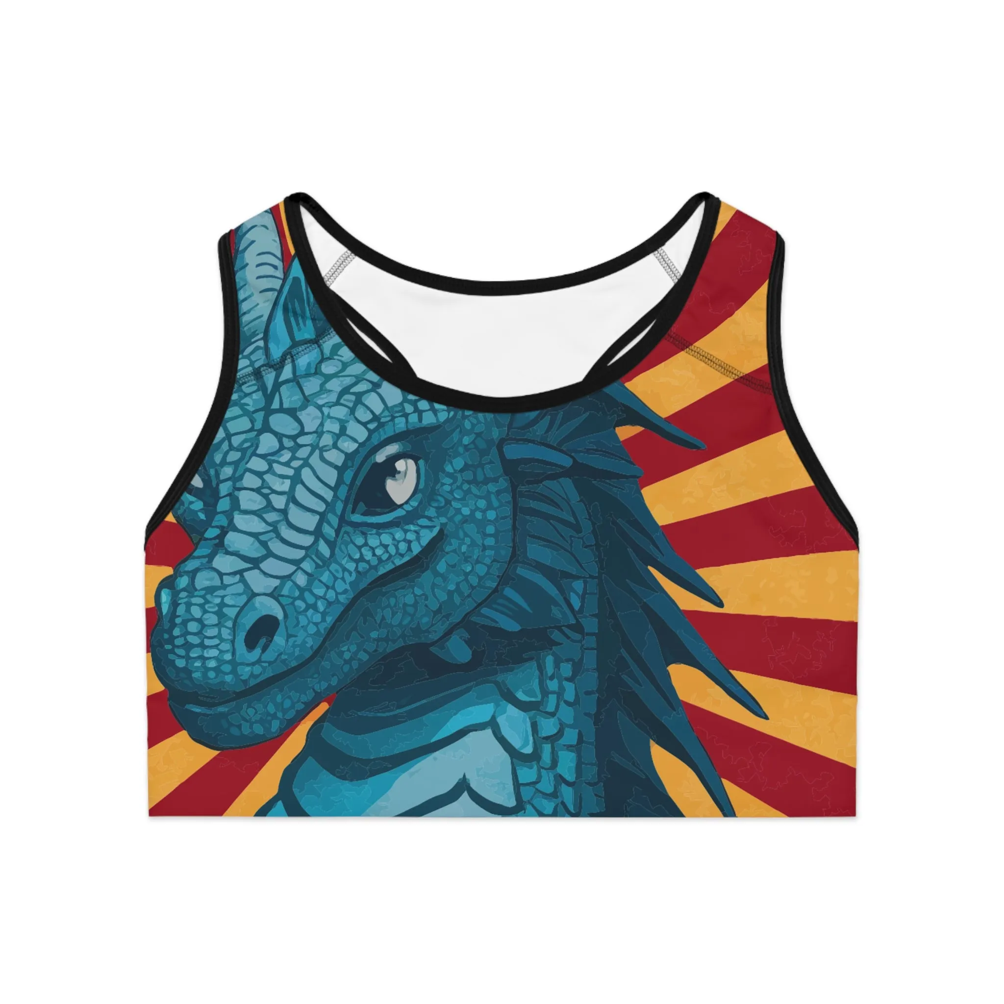 Red Yellow Striped Dragon-Themed Sports Bra for Active Lifestyle