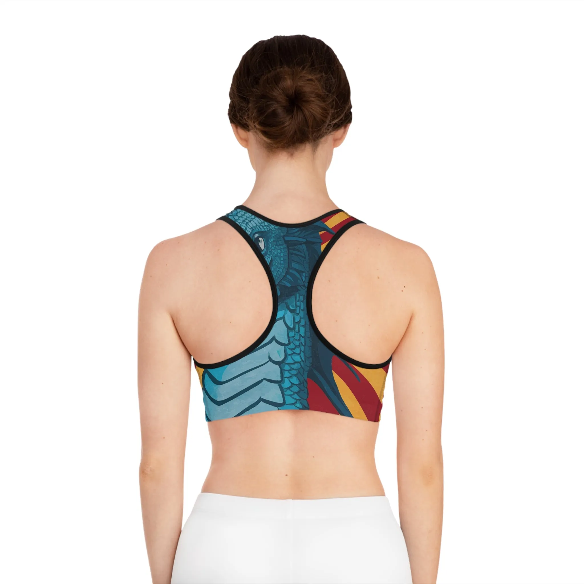 Red Yellow Striped Dragon-Themed Sports Bra for Active Lifestyle