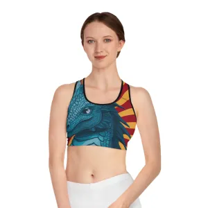 Red Yellow Striped Dragon-Themed Sports Bra for Active Lifestyle
