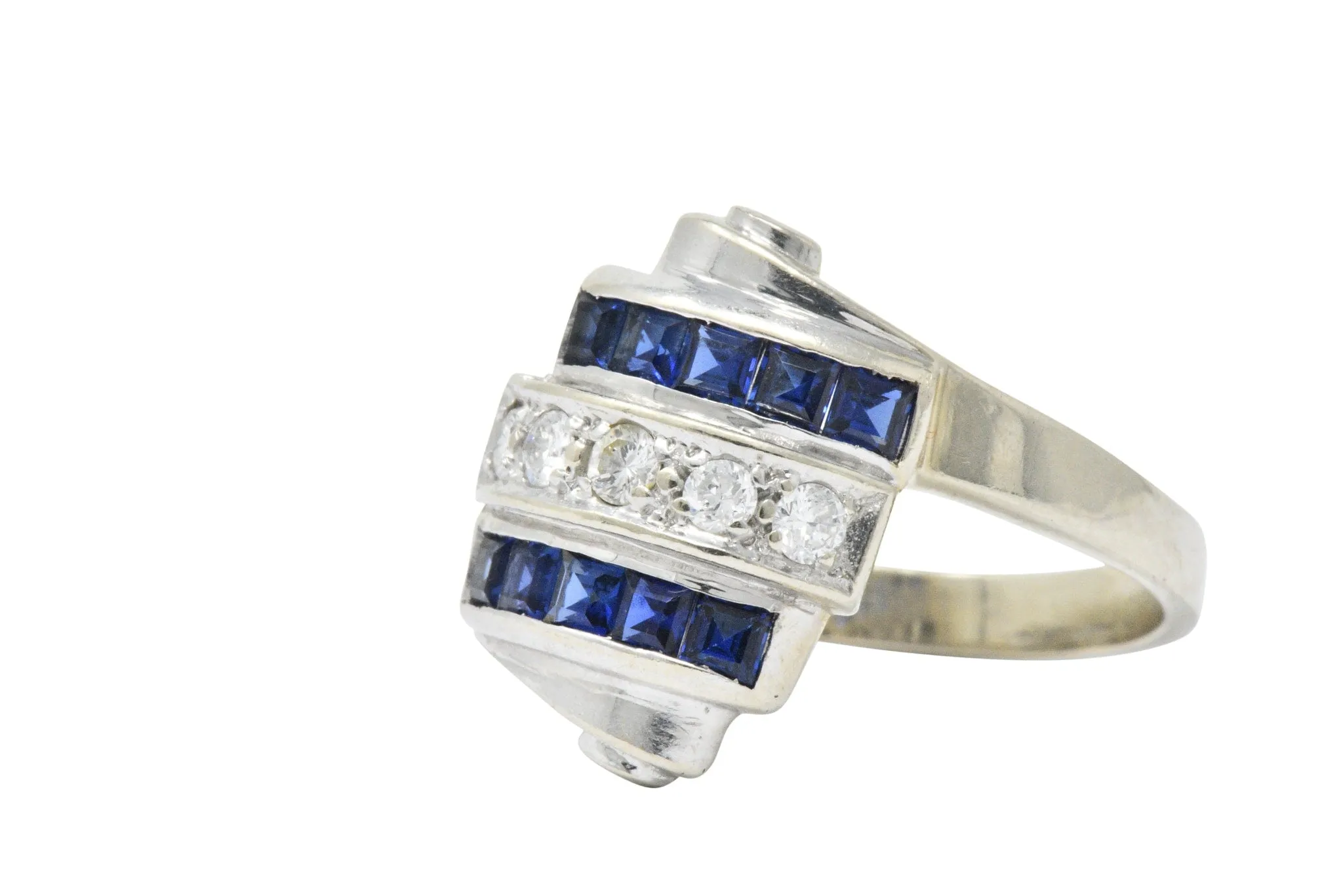 Retro 0.80 CTW Diamond Sapphire 14 Karat White Gold Scrolled Bypass Ring