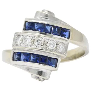 Retro 0.80 CTW Diamond Sapphire 14 Karat White Gold Scrolled Bypass Ring
