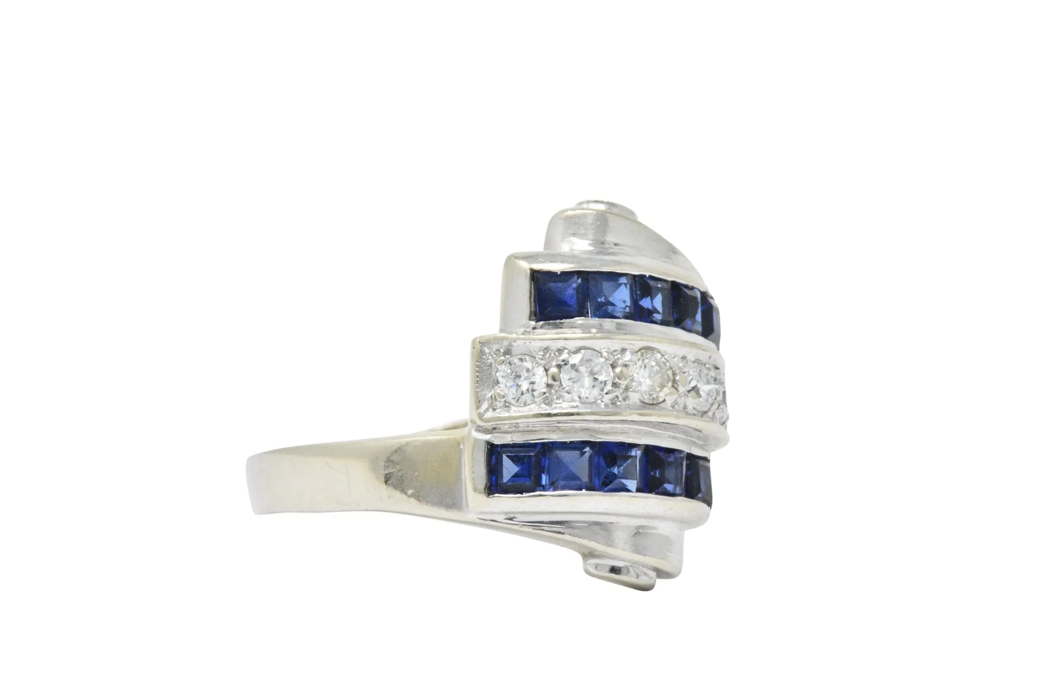 Retro 0.80 CTW Diamond Sapphire 14 Karat White Gold Scrolled Bypass Ring