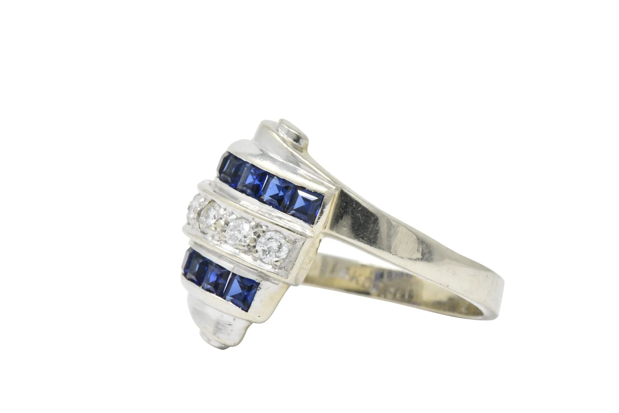 Retro 0.80 CTW Diamond Sapphire 14 Karat White Gold Scrolled Bypass Ring