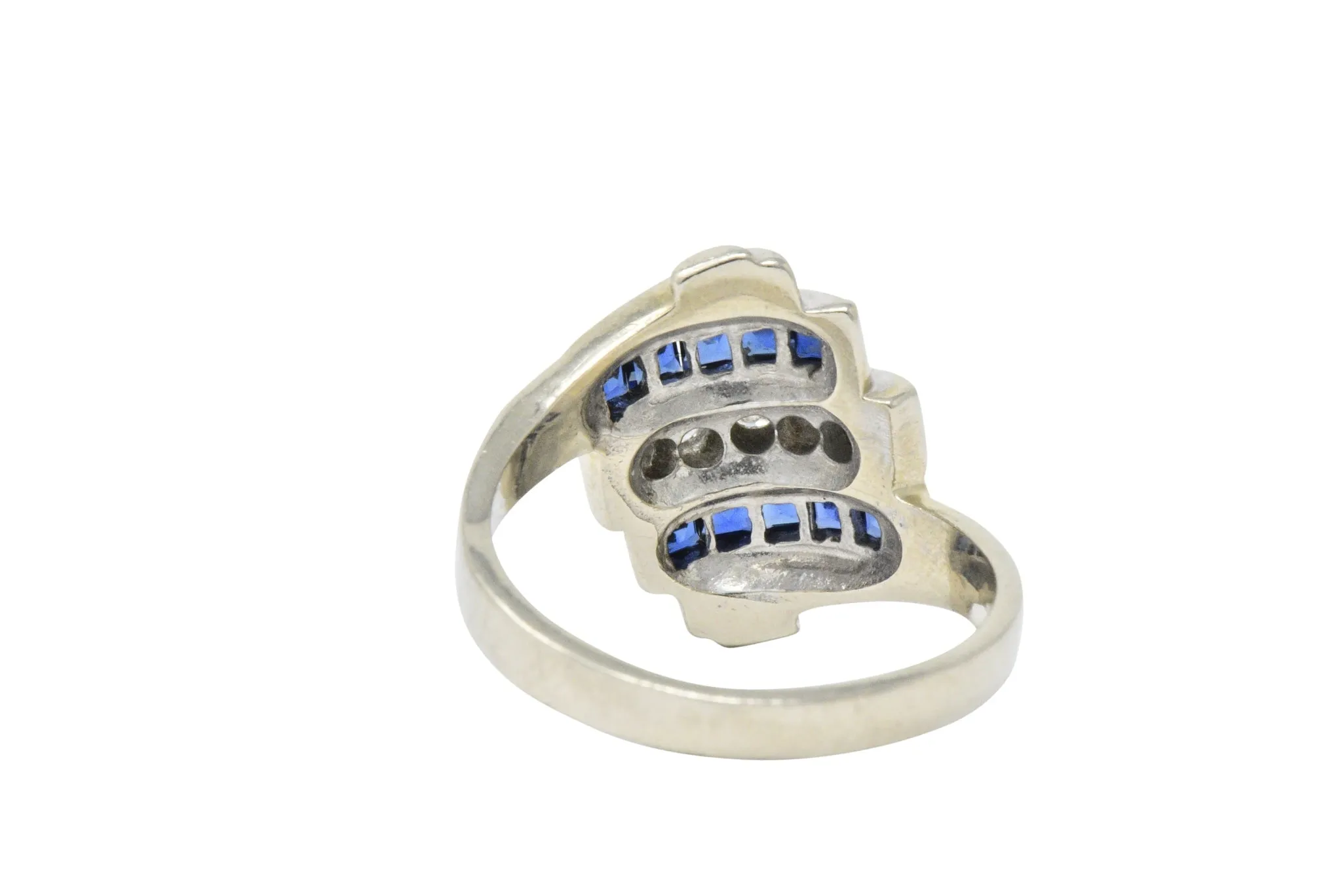 Retro 0.80 CTW Diamond Sapphire 14 Karat White Gold Scrolled Bypass Ring