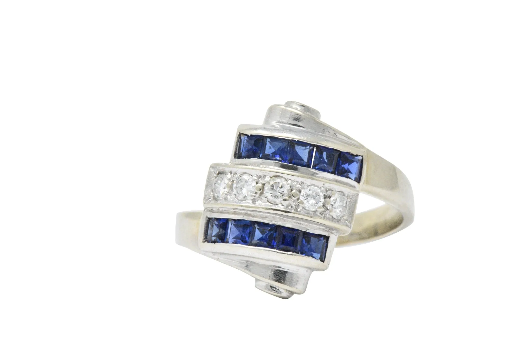 Retro 0.80 CTW Diamond Sapphire 14 Karat White Gold Scrolled Bypass Ring