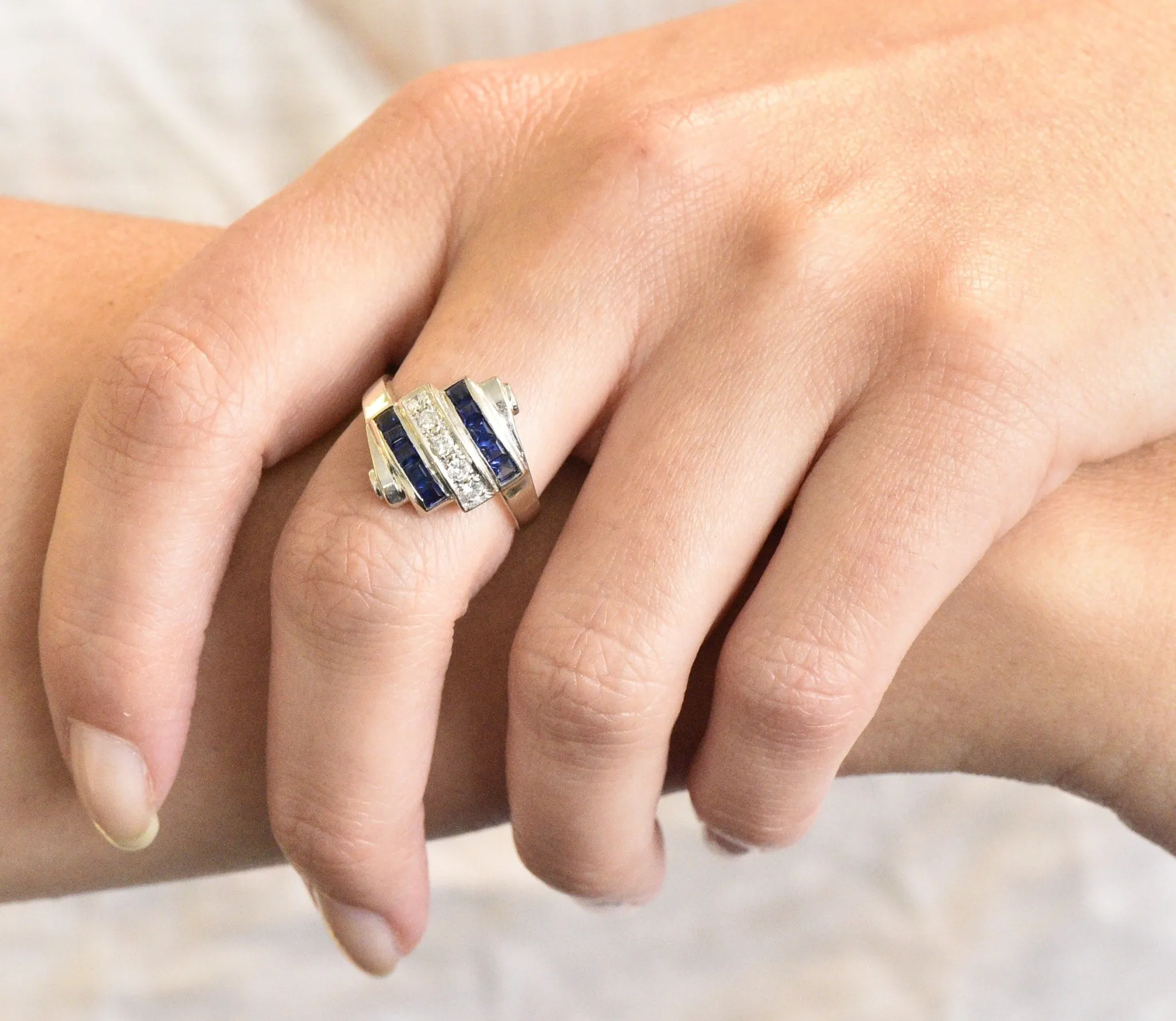 Retro 0.80 CTW Diamond Sapphire 14 Karat White Gold Scrolled Bypass Ring
