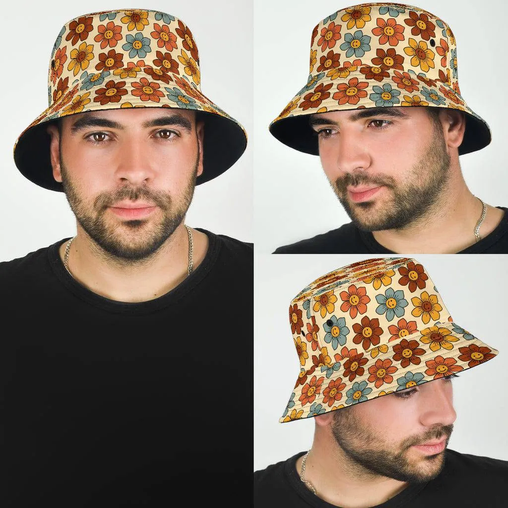 Retro 1970s Smiling Flowers Unisex Bucket Hat