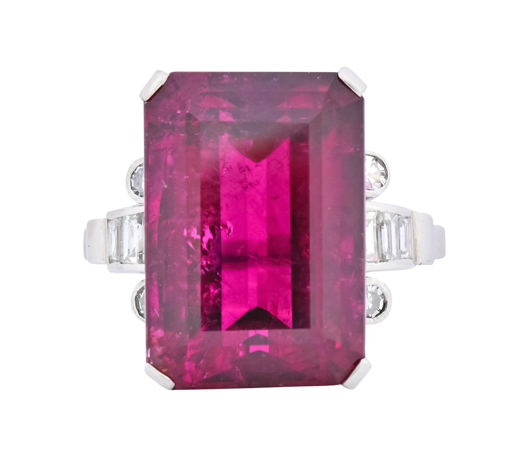 Retro 22.15 CTW Rubellite Tourmaline Diamond 18 Karat White Gold Cocktail Ring