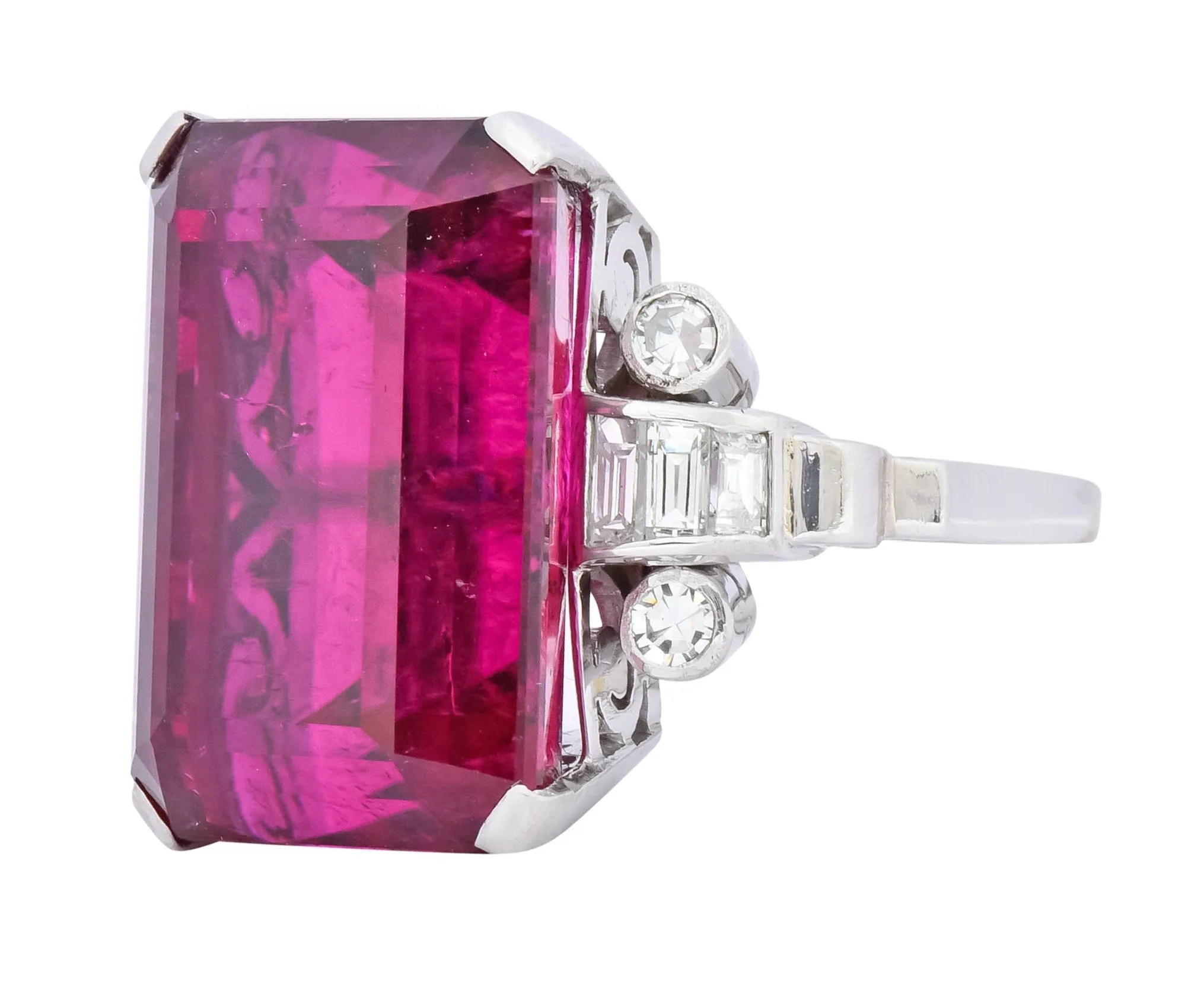 Retro 22.15 CTW Rubellite Tourmaline Diamond 18 Karat White Gold Cocktail Ring