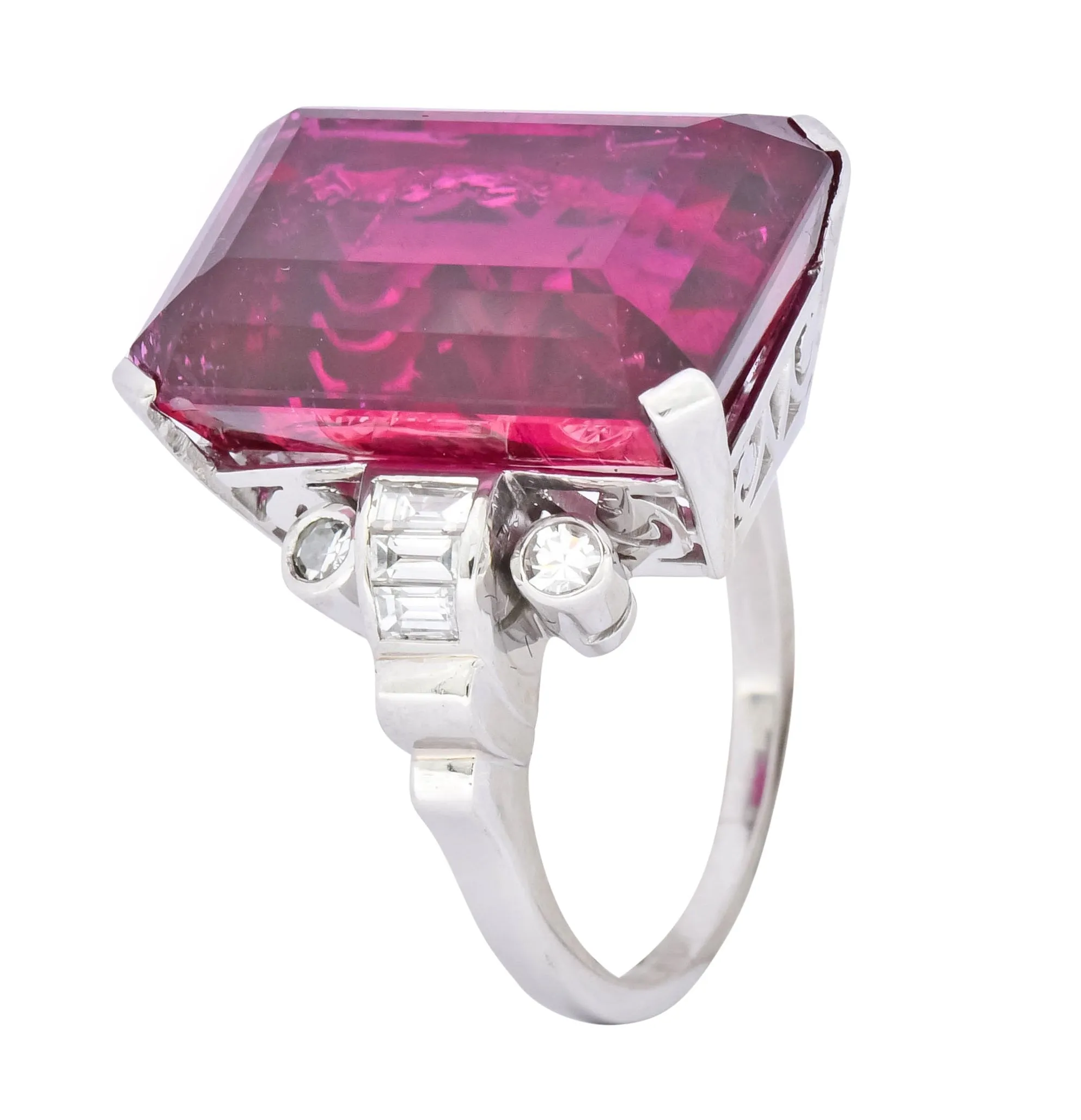 Retro 22.15 CTW Rubellite Tourmaline Diamond 18 Karat White Gold Cocktail Ring