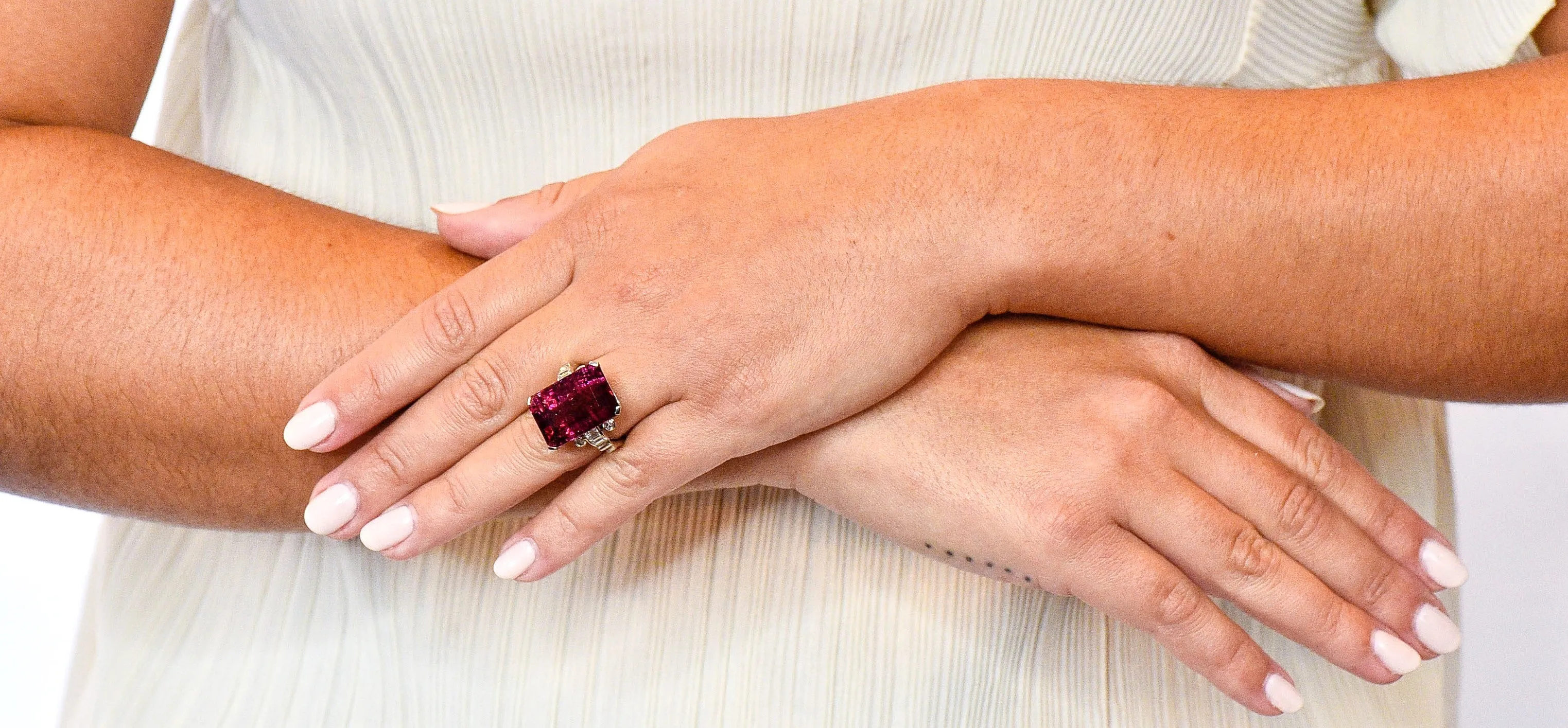 Retro 22.15 CTW Rubellite Tourmaline Diamond 18 Karat White Gold Cocktail Ring