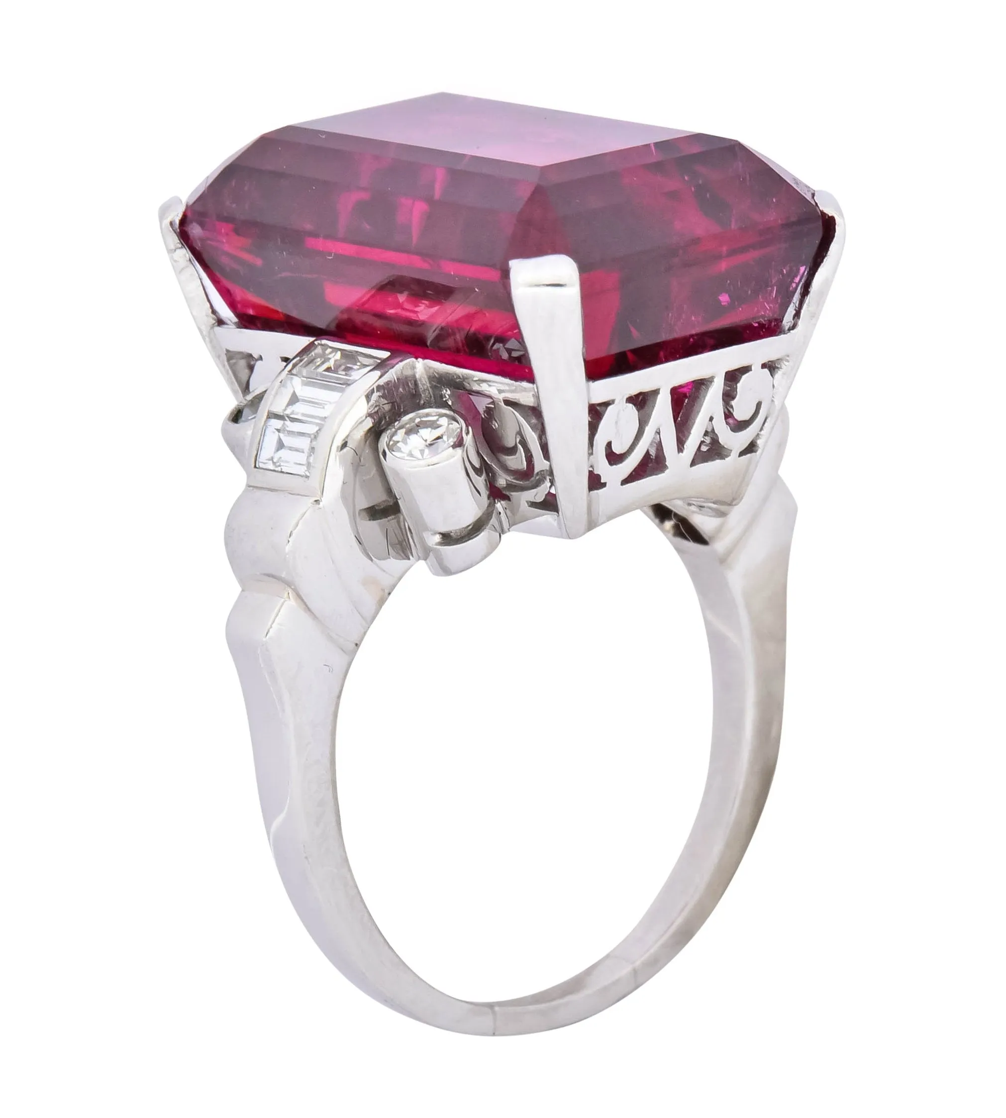 Retro 22.15 CTW Rubellite Tourmaline Diamond 18 Karat White Gold Cocktail Ring