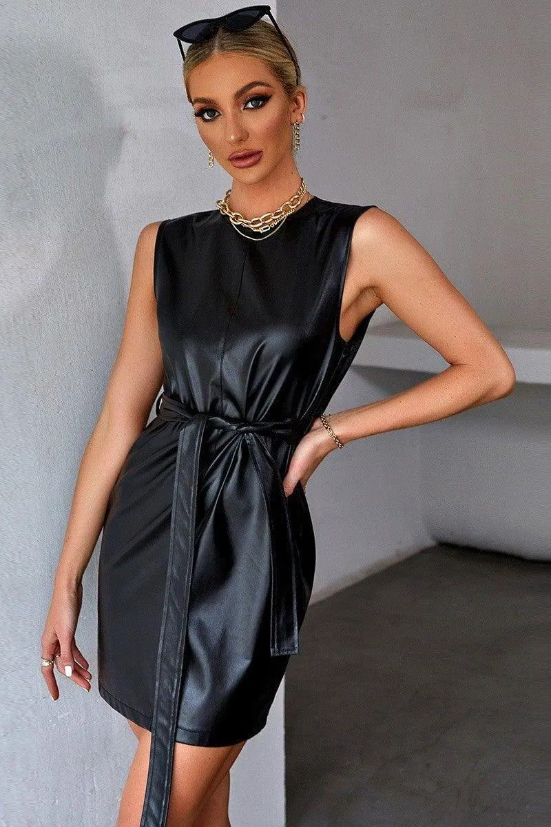 Retro belt  PU leather sleeveless short dress