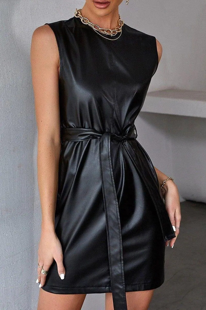 Retro belt  PU leather sleeveless short dress