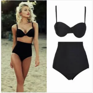 retro black swimsuit underwire push up high waist bikini set sexy women swimwear high waist bathing suits biquni