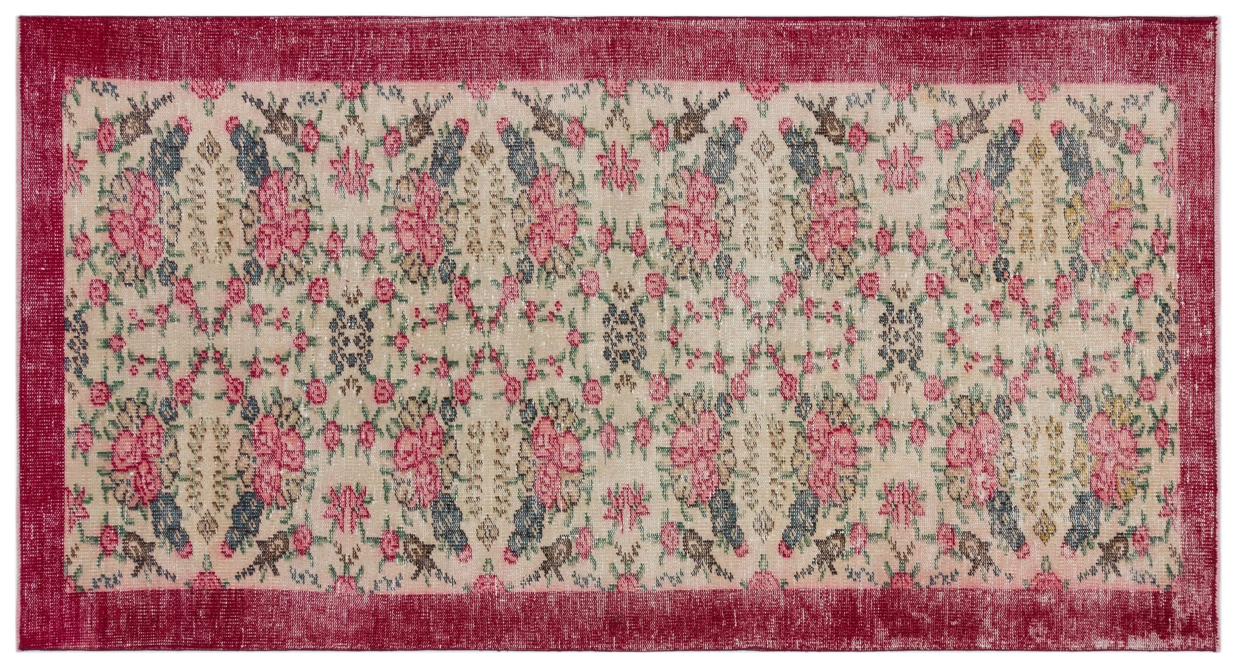 Retro Design Floral Over Dyed Vintage Rug 3'10'' x 7'3'' ft 118 x 222 cm