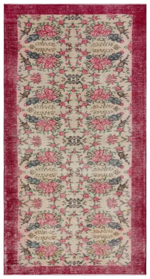 Retro Design Floral Over Dyed Vintage Rug 3'10'' x 7'3'' ft 118 x 222 cm
