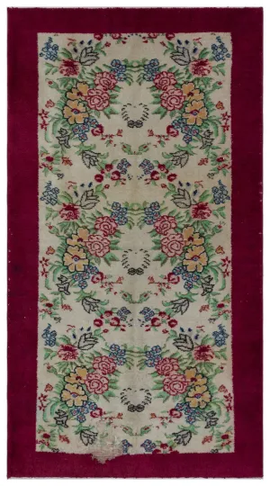 Retro Design Floral Over Dyed Vintage Rug 3'12'' x 6'11'' ft 121 x 210 cm