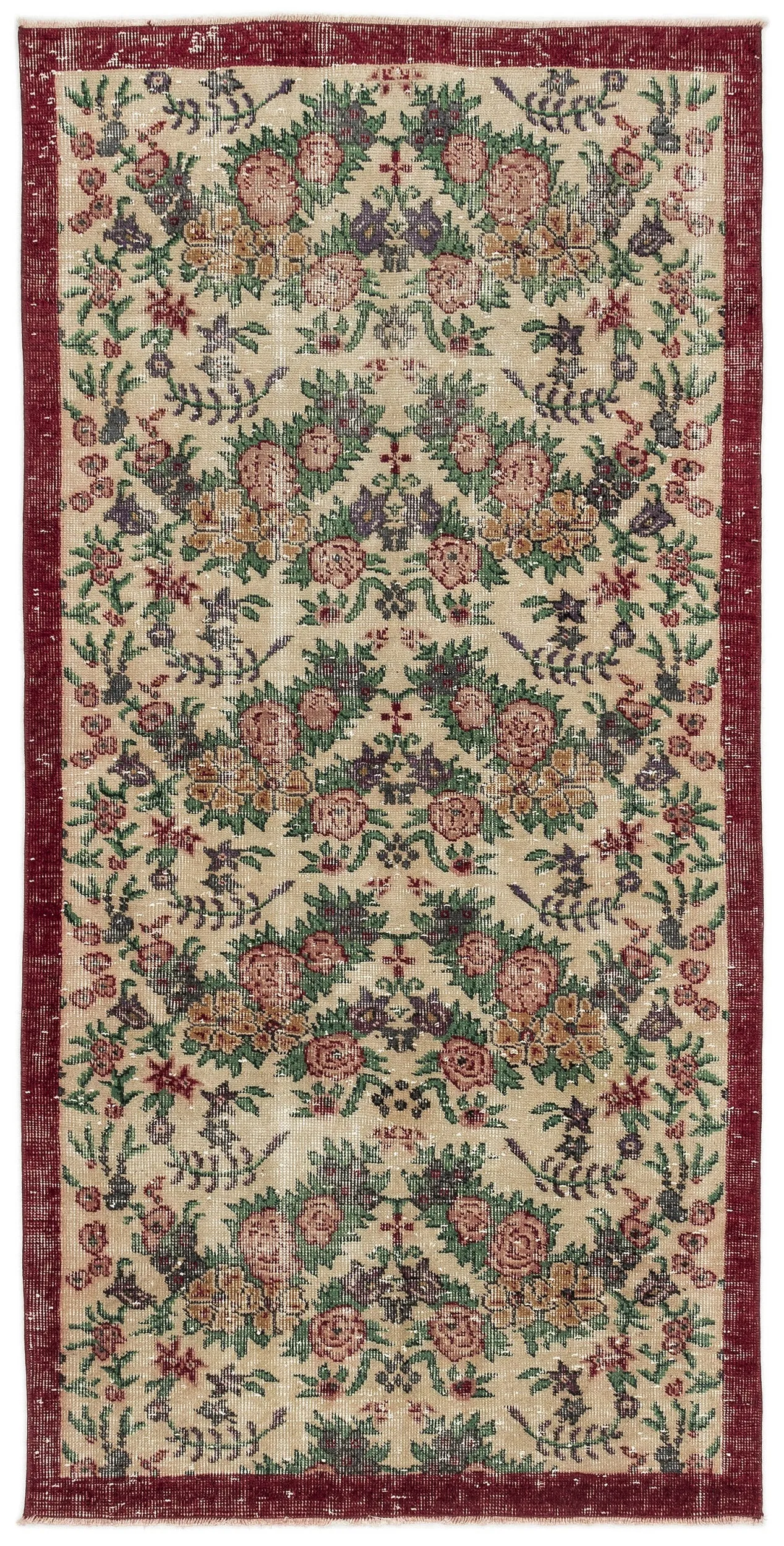 Retro Design Floral Over Dyed Vintage Rug 3'6'' x 7'2'' ft 107 x 219 cm