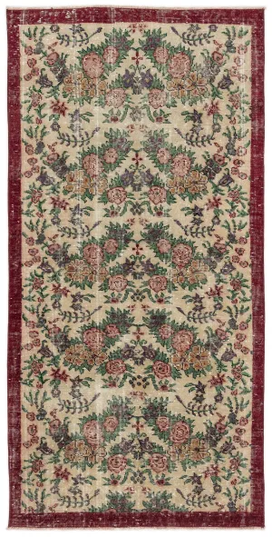 Retro Design Floral Over Dyed Vintage Rug 3'6'' x 7'2'' ft 107 x 219 cm
